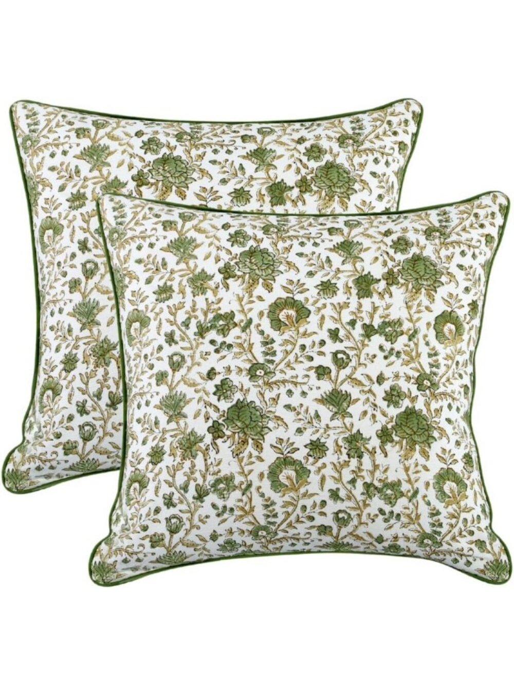Set of 2 Green Block Print Throw Pillow Covers 24x24 Inch for Home Decor
